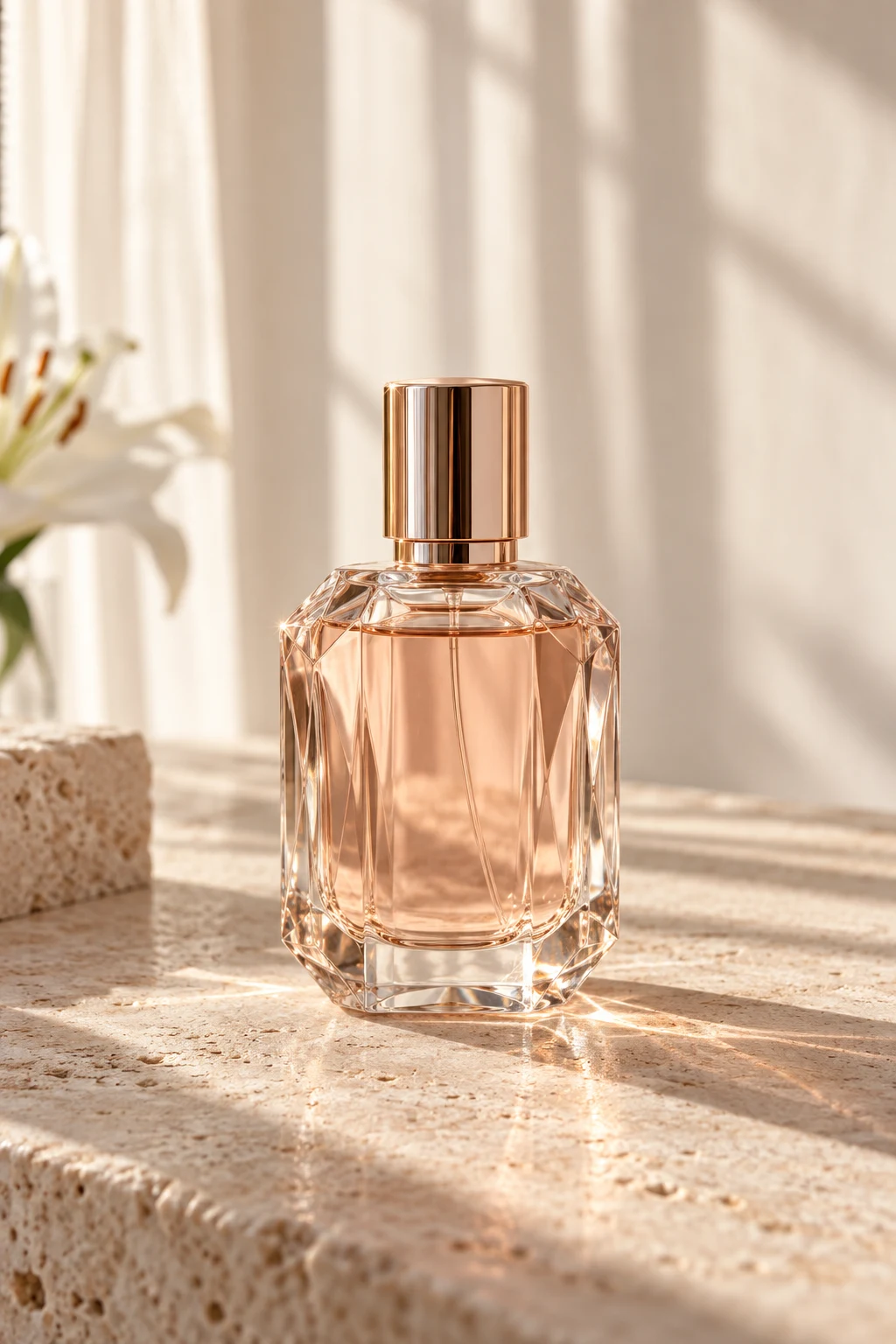 Composição ilustrativa de um perfume em vidro sobre pedra rosada